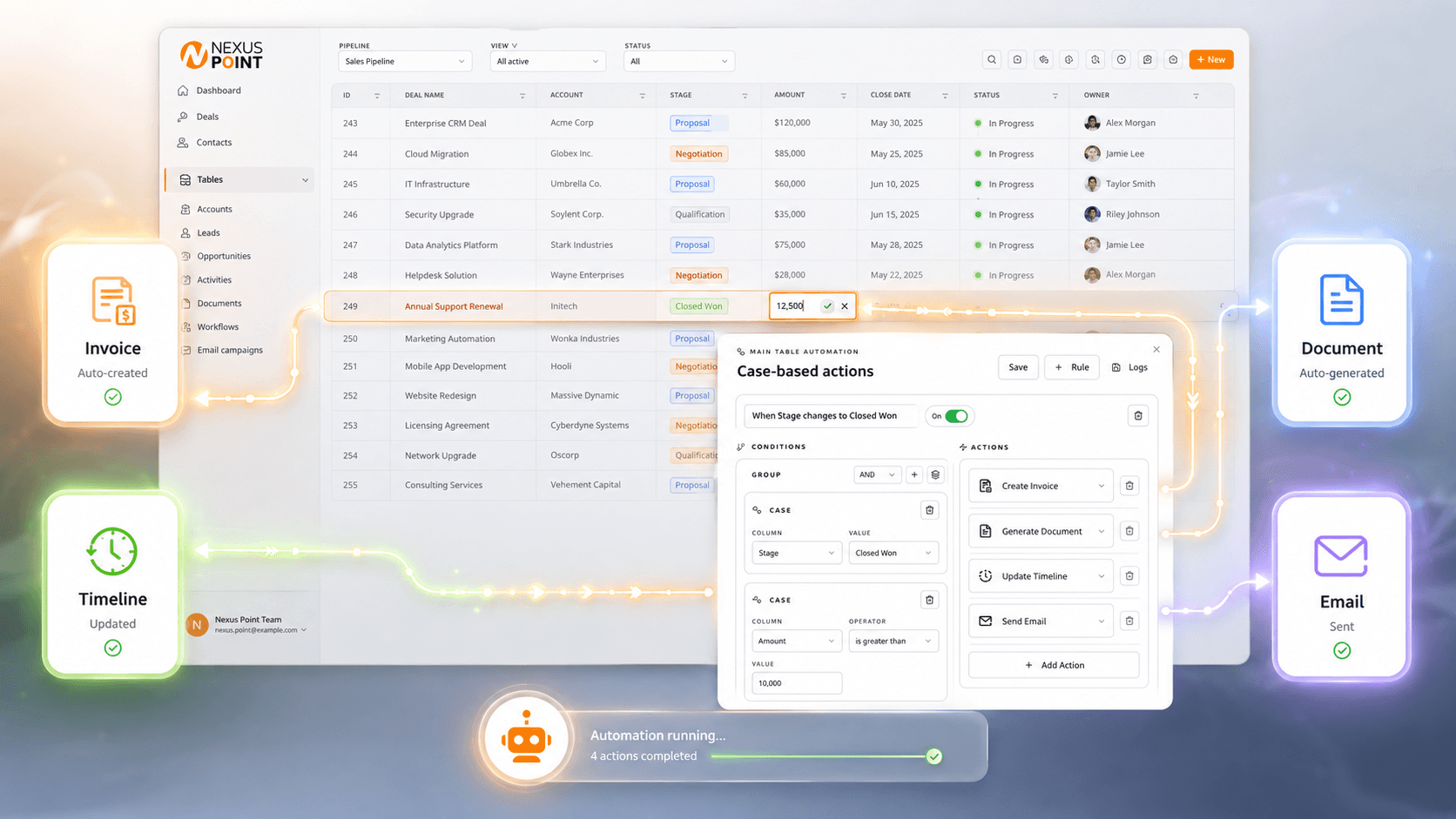 CRM таблица на Nexus Point с recruitment записи, филтри и автоматизирани процеси