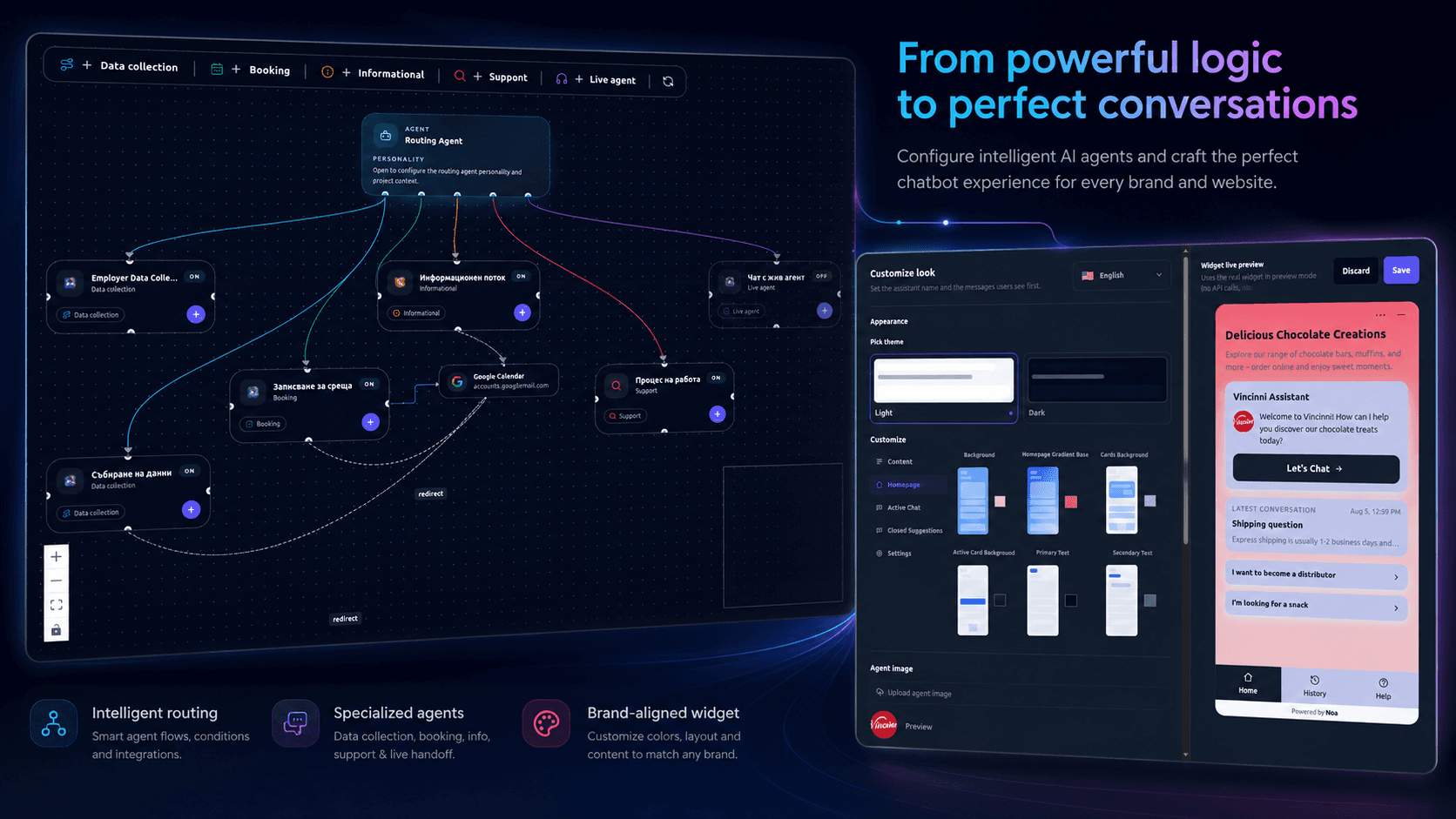 NOA Hub interface for configuring AI agents and the customer-facing chat widget