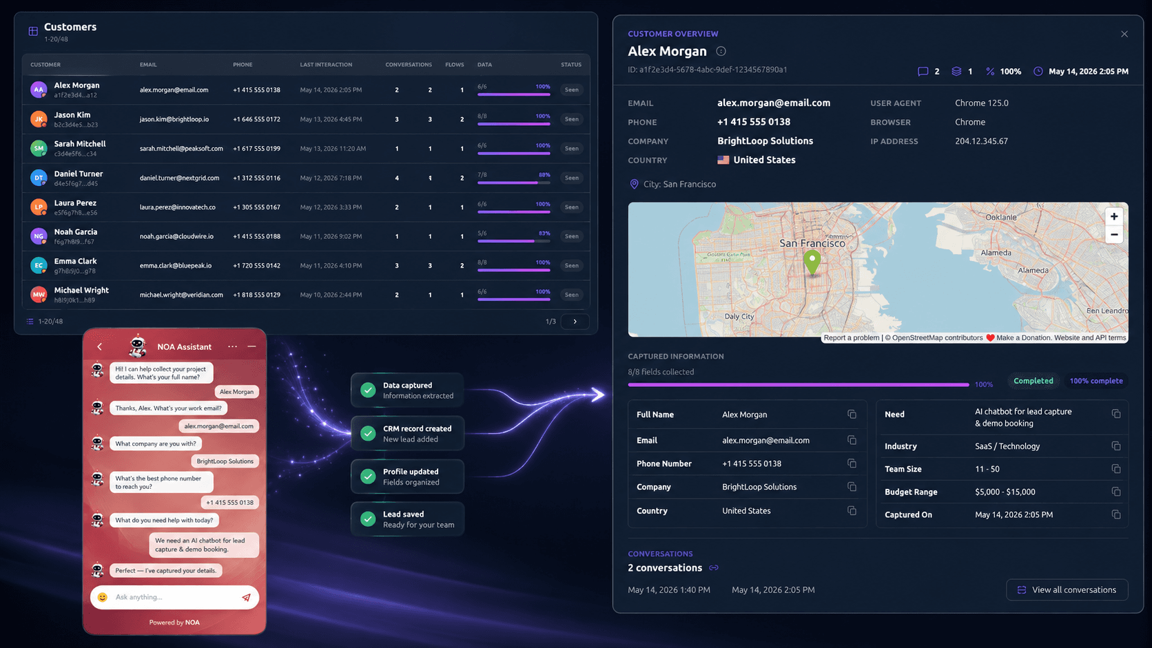 NOA Hub conversation collecting customer details and saving them to a structured CRM record